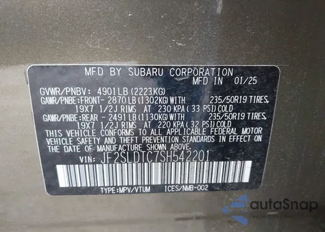 2025 Subaru Forester Touring z USA, uszkodzony, nr VIN JF2SLDTC7SH542201